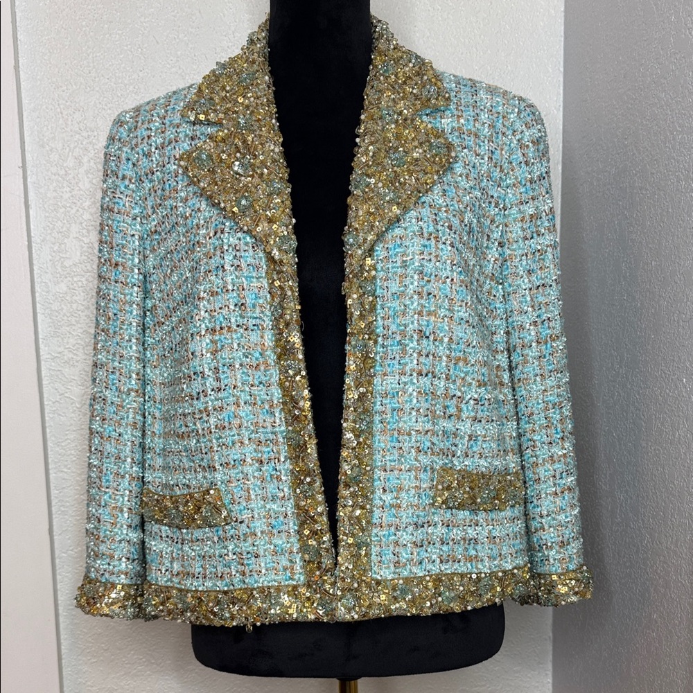 Escada Aqua Tweed Gold Beaded Sequin Evening Jacket Couture Blazer 90s Luxury